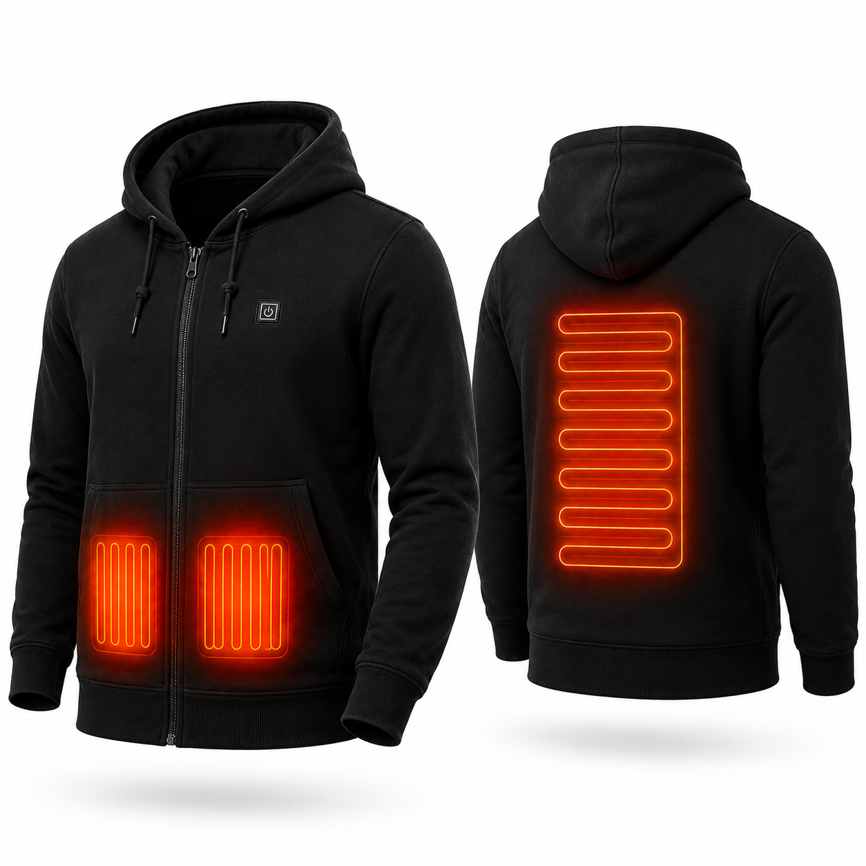 Black zip-up hoodie shown from the front and back, with glowing orange heat-map style graphics indicating built-in heating zones on the chest and back. A small square logo is visible on the left chest.
