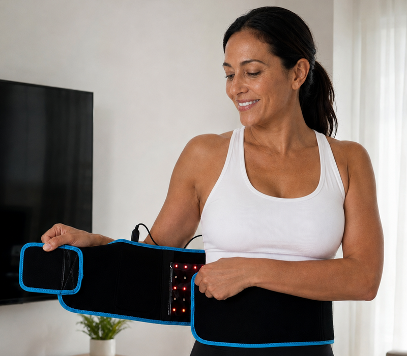 A woman in a white tank top and black leggings is shown wearing a black LED light therapy waist trainer belt with blue trim in a modern living room setting.